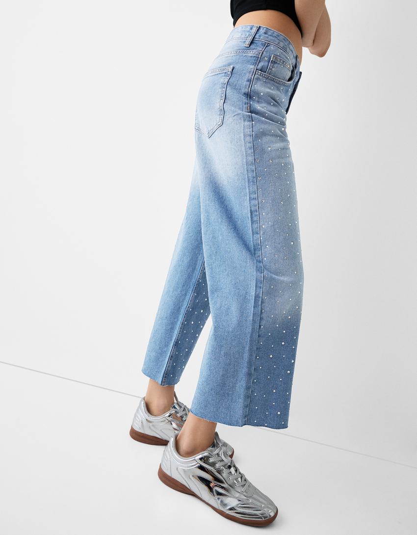Culotte jeans with rhinestones-Light blue-3