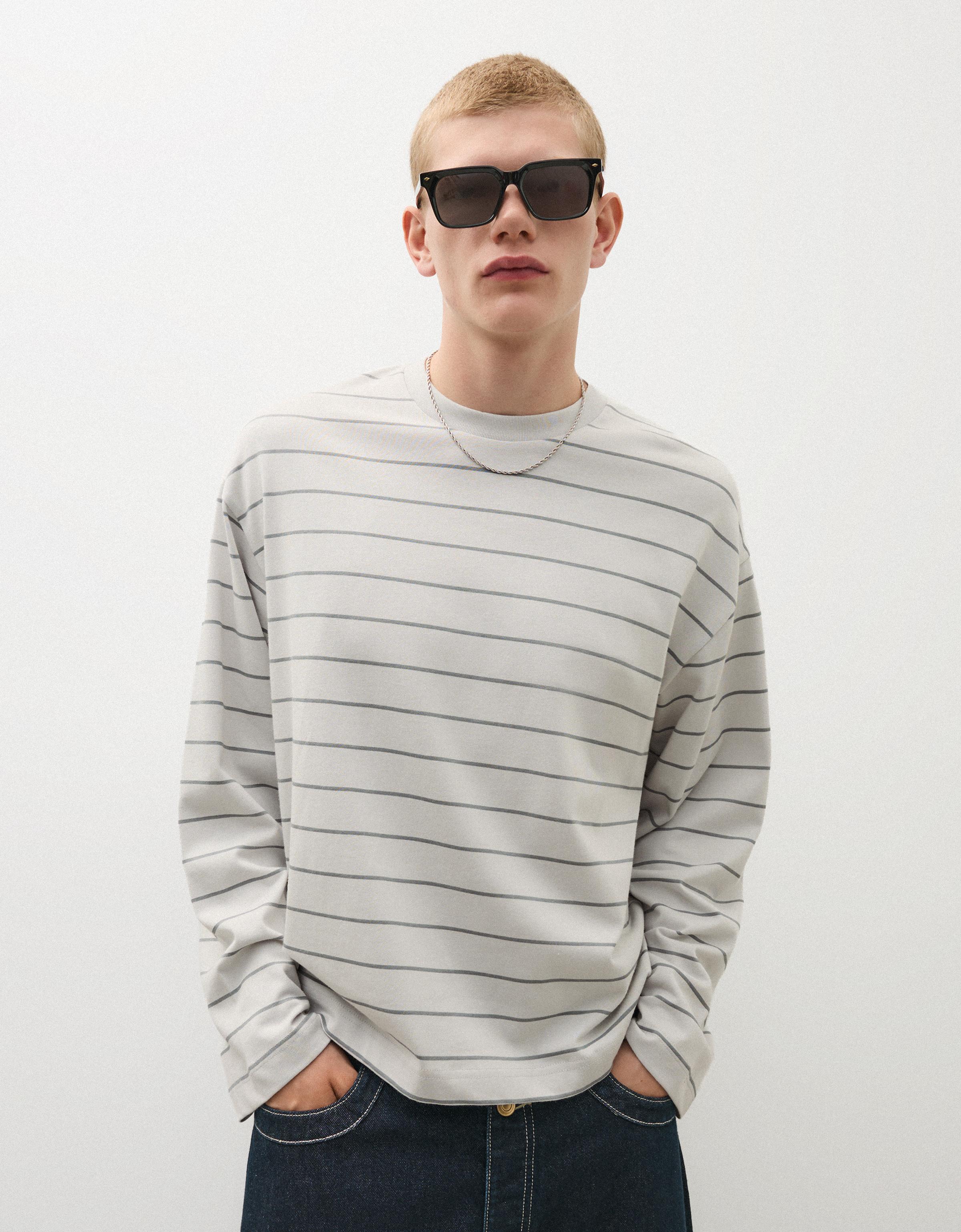 Long-sleeved stripe print T-shirt — Stone