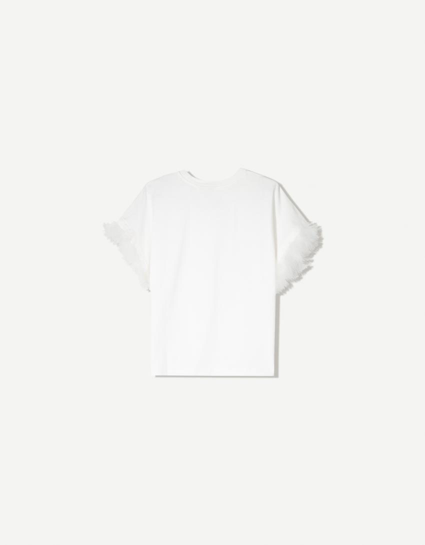 Oversize short sleeve T-shirt with feathers-Cream-4