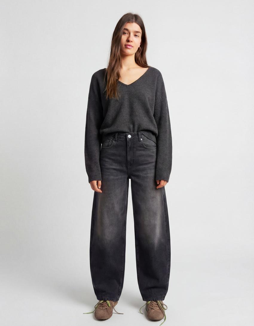 Jeans barrel fit vita alta-Nero