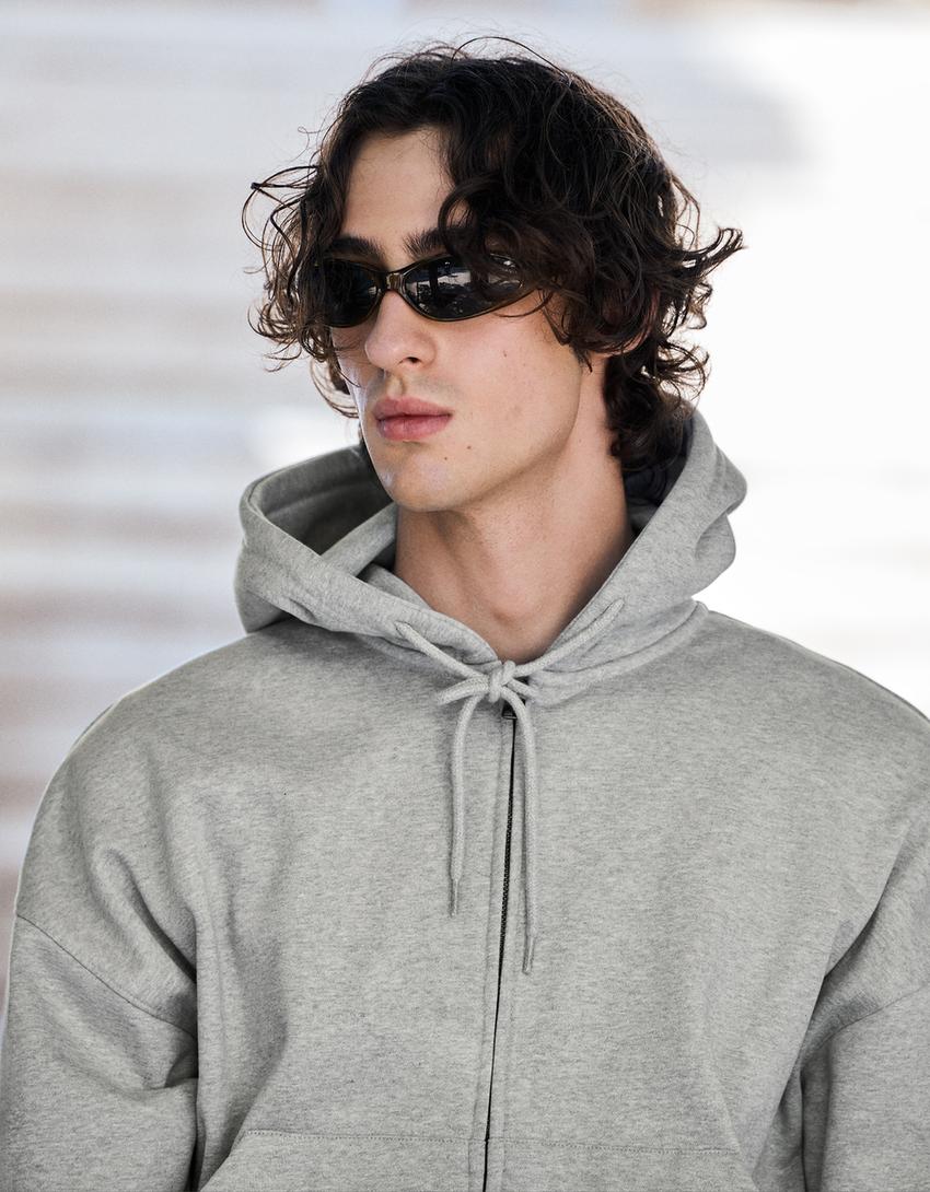 Fermuarlı kapüşonlu sweatshirt-Gri