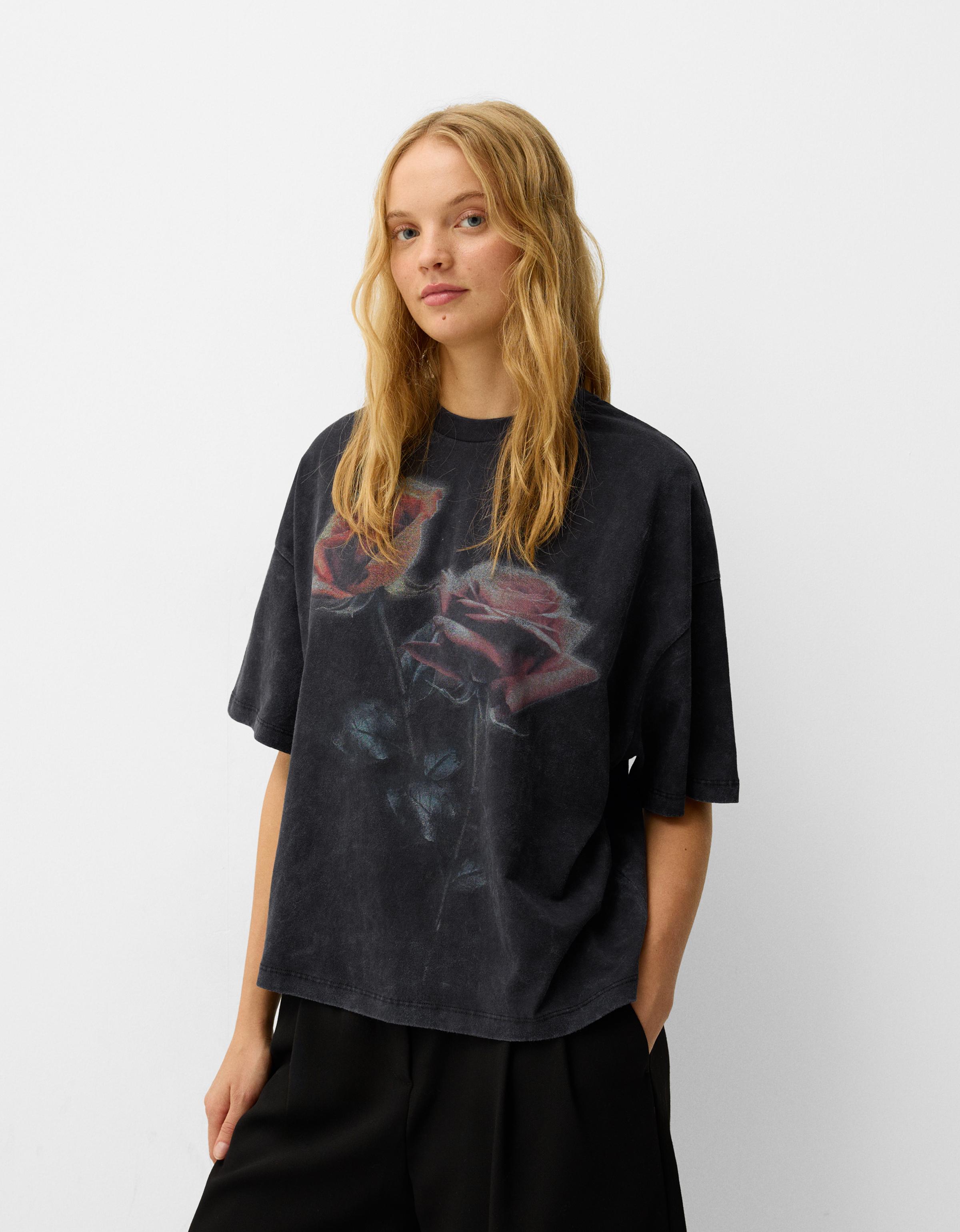 Bershka Oversize-T-Shirt Mit Print Damen M Grau