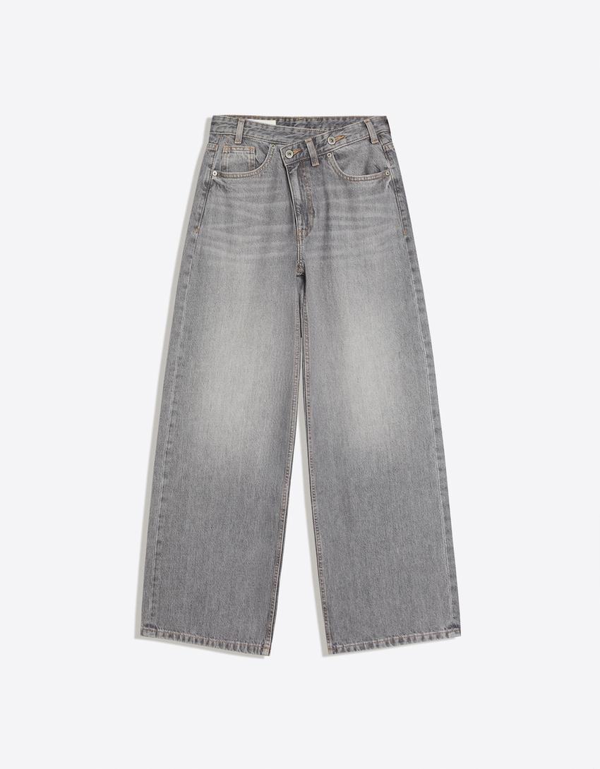 Wide-leg cross-waist jeans-Grey