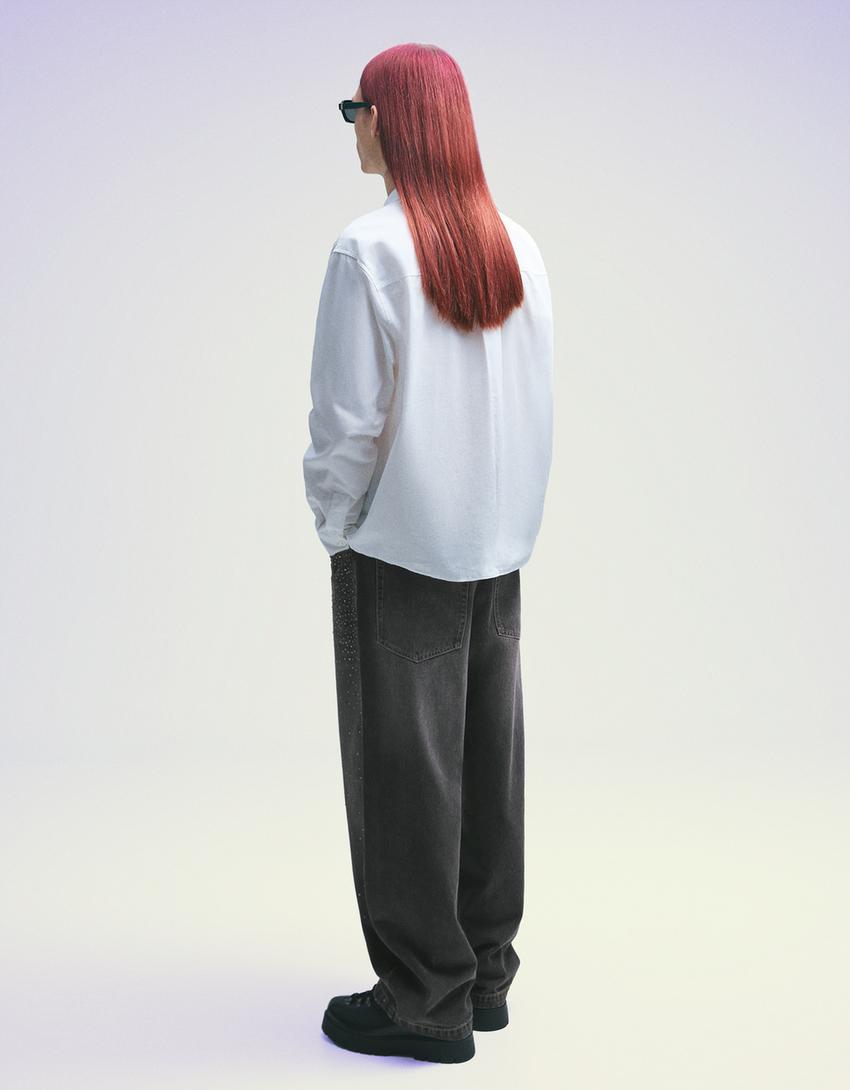 جينز فضفاض للغاية بأحجار الراين وفلتر رقمي-أسود