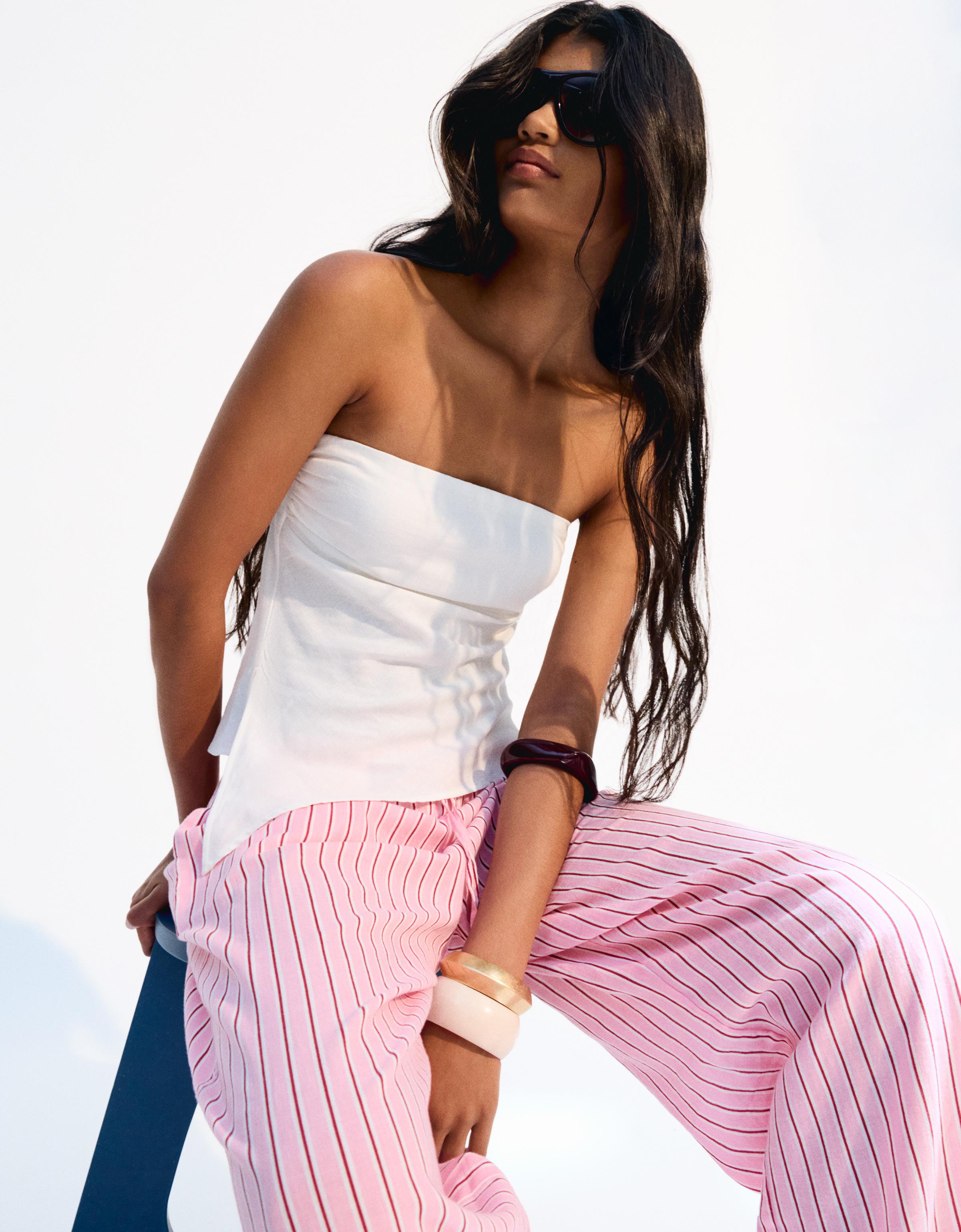 Bershka Top Bandeau Con Lino Mujer Blanco Roto