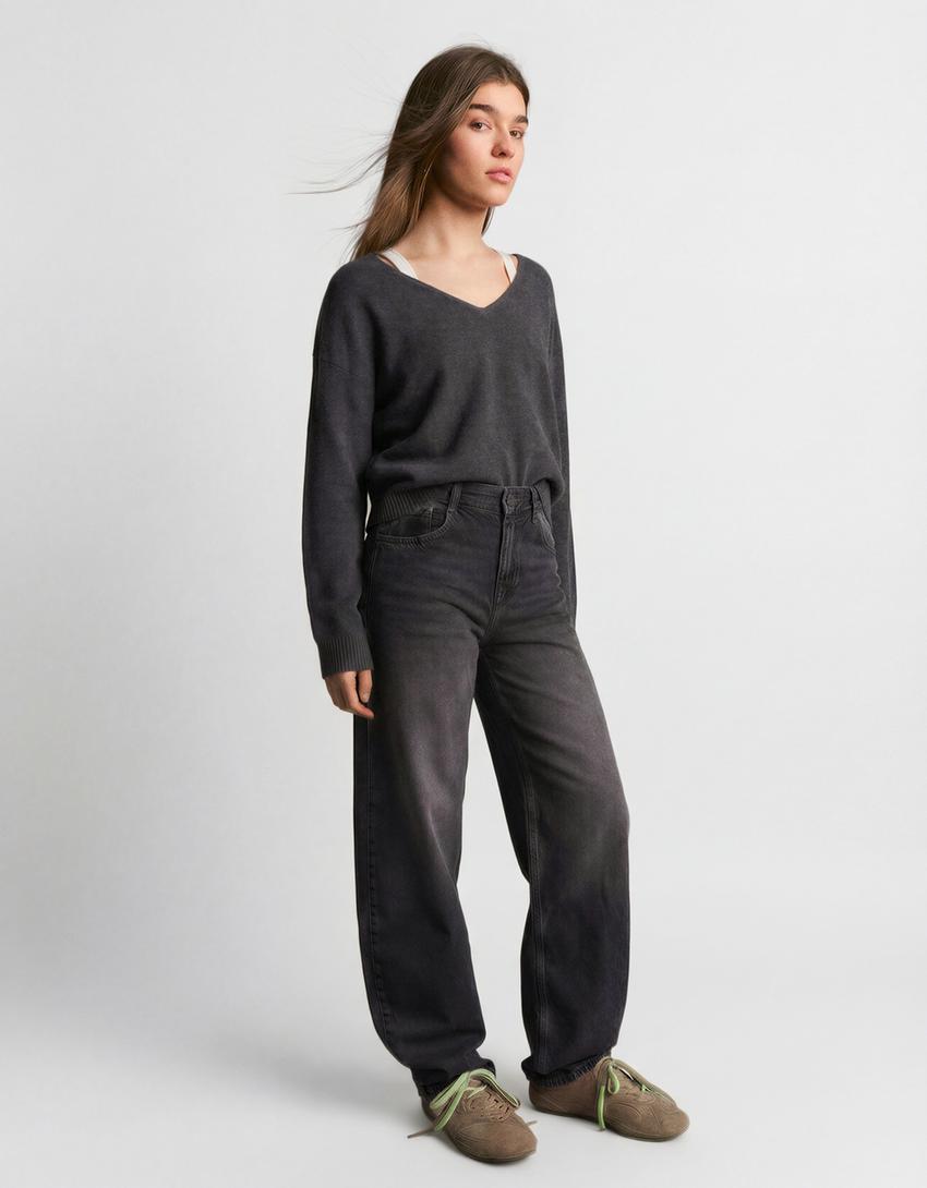 Jeans barrel fit vita alta-Nero
