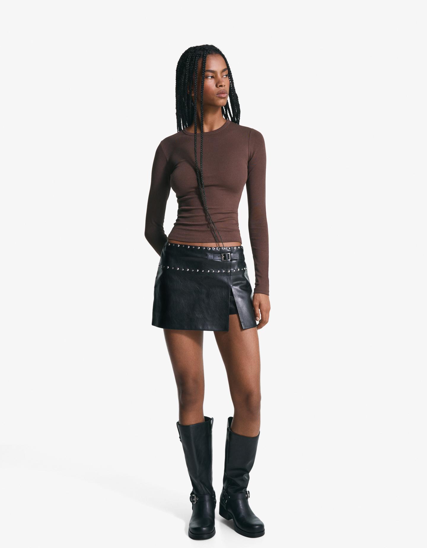 Bershka Camiseta Manga Larga Mujer Xxs Marrón