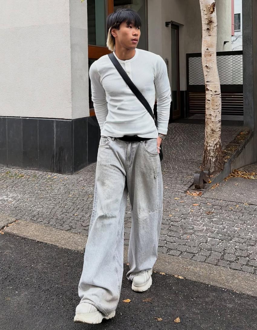 Camiseta manga comprida henley slim fit-Gelo