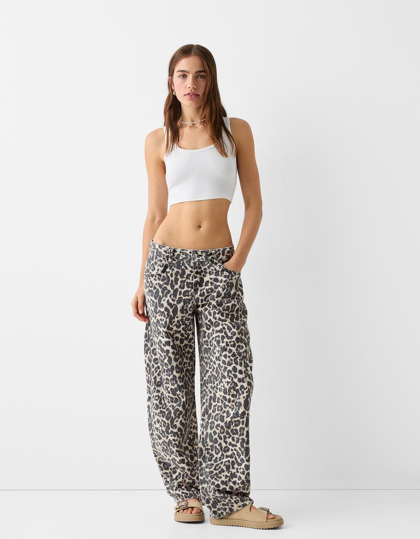 Balloon fit animal print baggy jeans-Beige