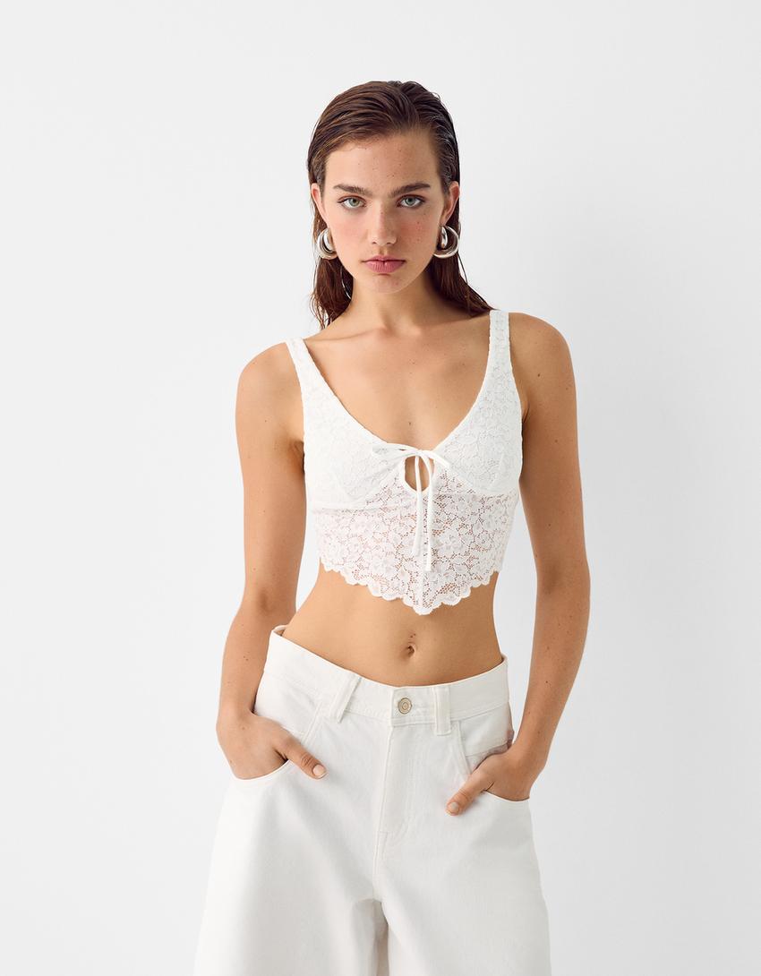 Lace Camaïeu Debardeur Crop Top Dentelle Blanc Kalliope Crop-Top