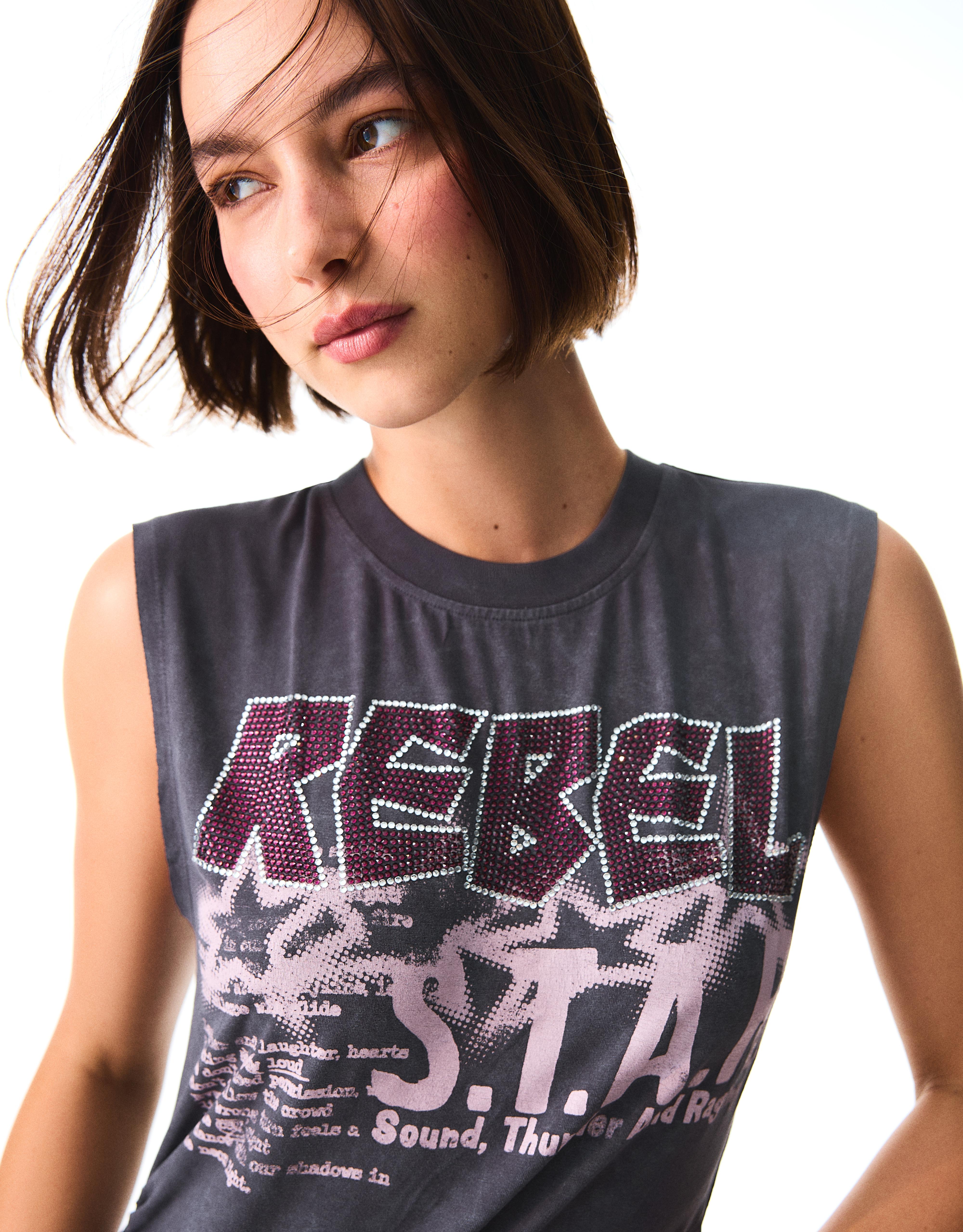 Sleeveless print T-shirt — Grey