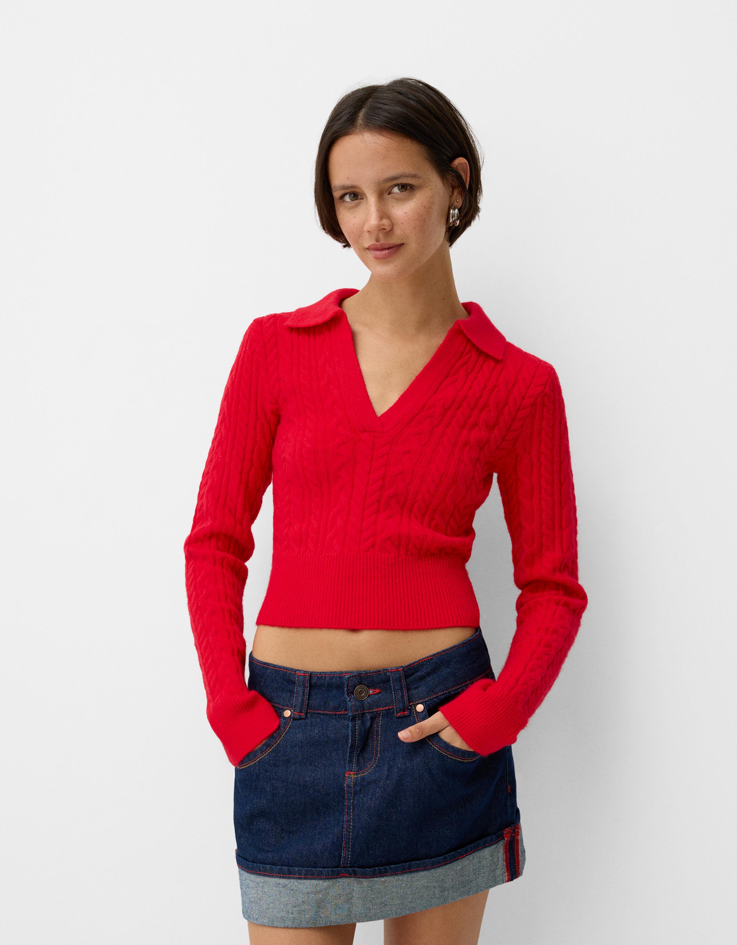 Bershka Pullover Mit Polokragen Und Flechtmuster Damen L Rot