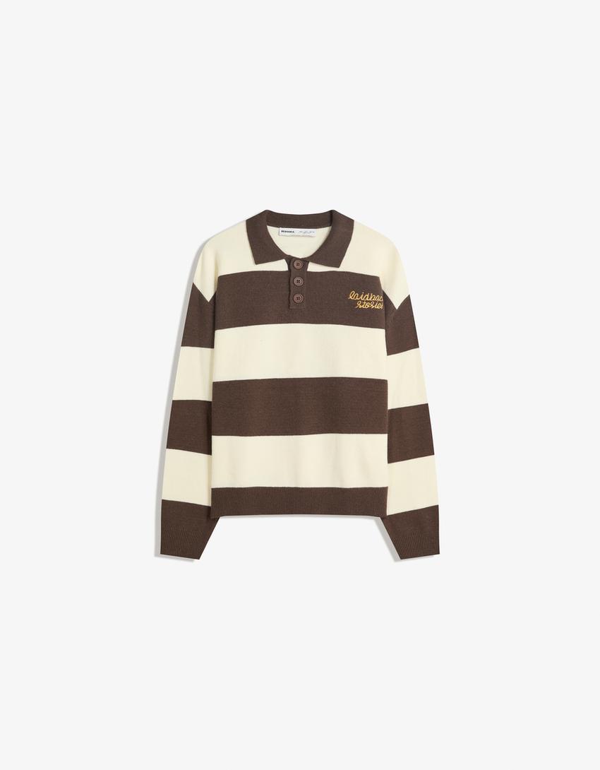 Polo collar sweater with stripes-Brown