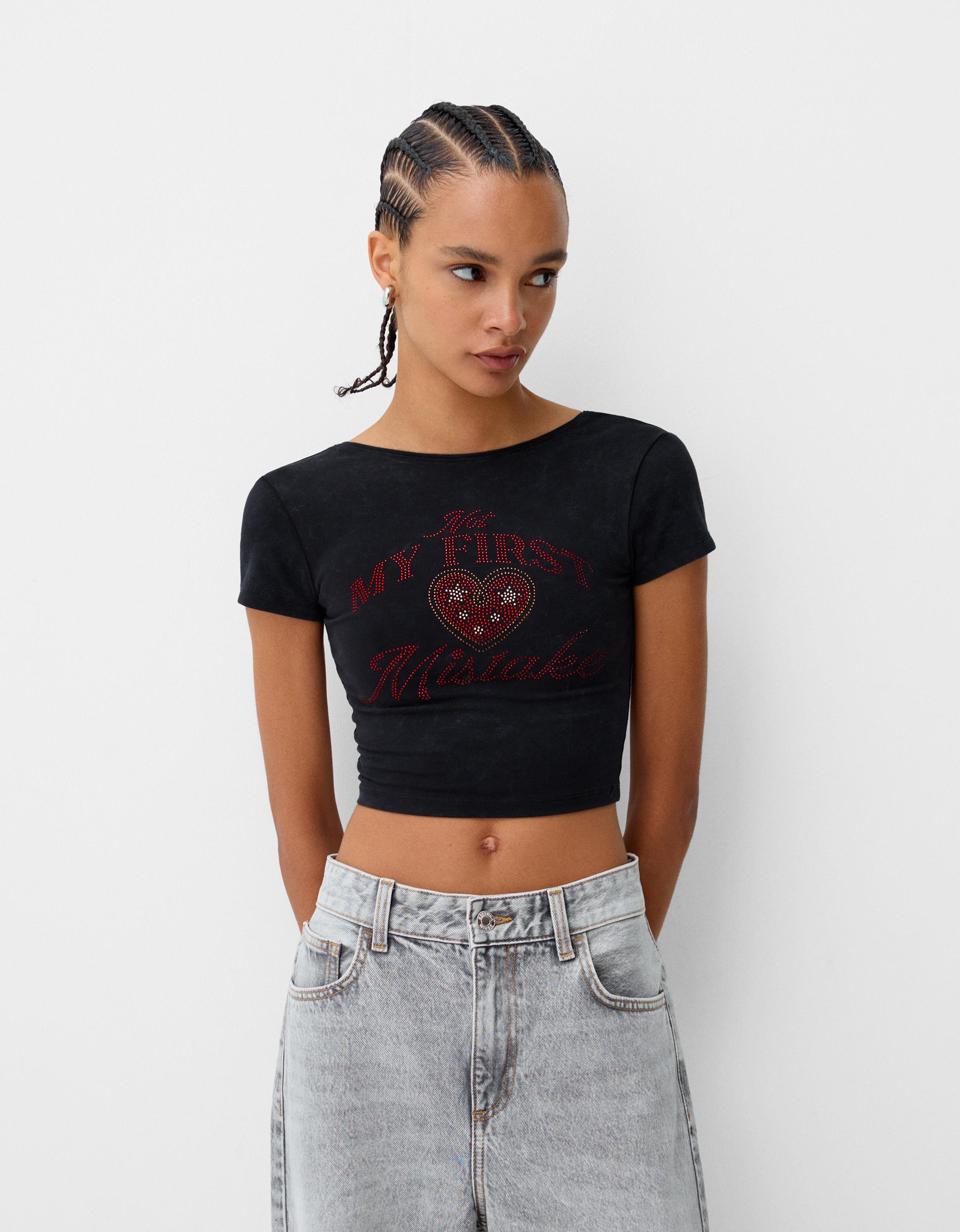 Bershka Rückenfreies T-Shirt Mit Strass Damen L Grau