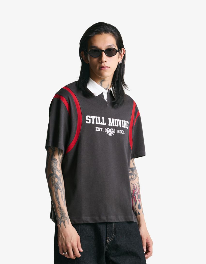 Printed short sleeve polo shirt-Grey-3