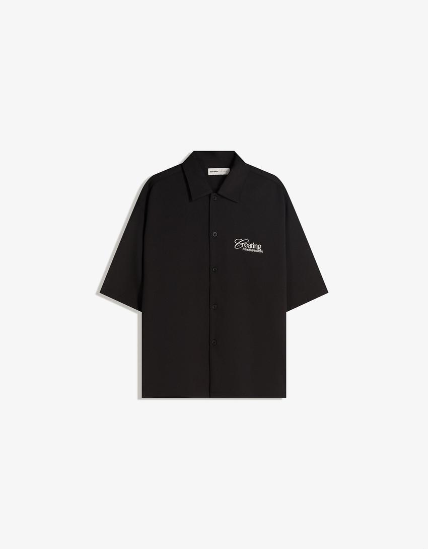 Tailored boxy fit shirt with embroidery-Black