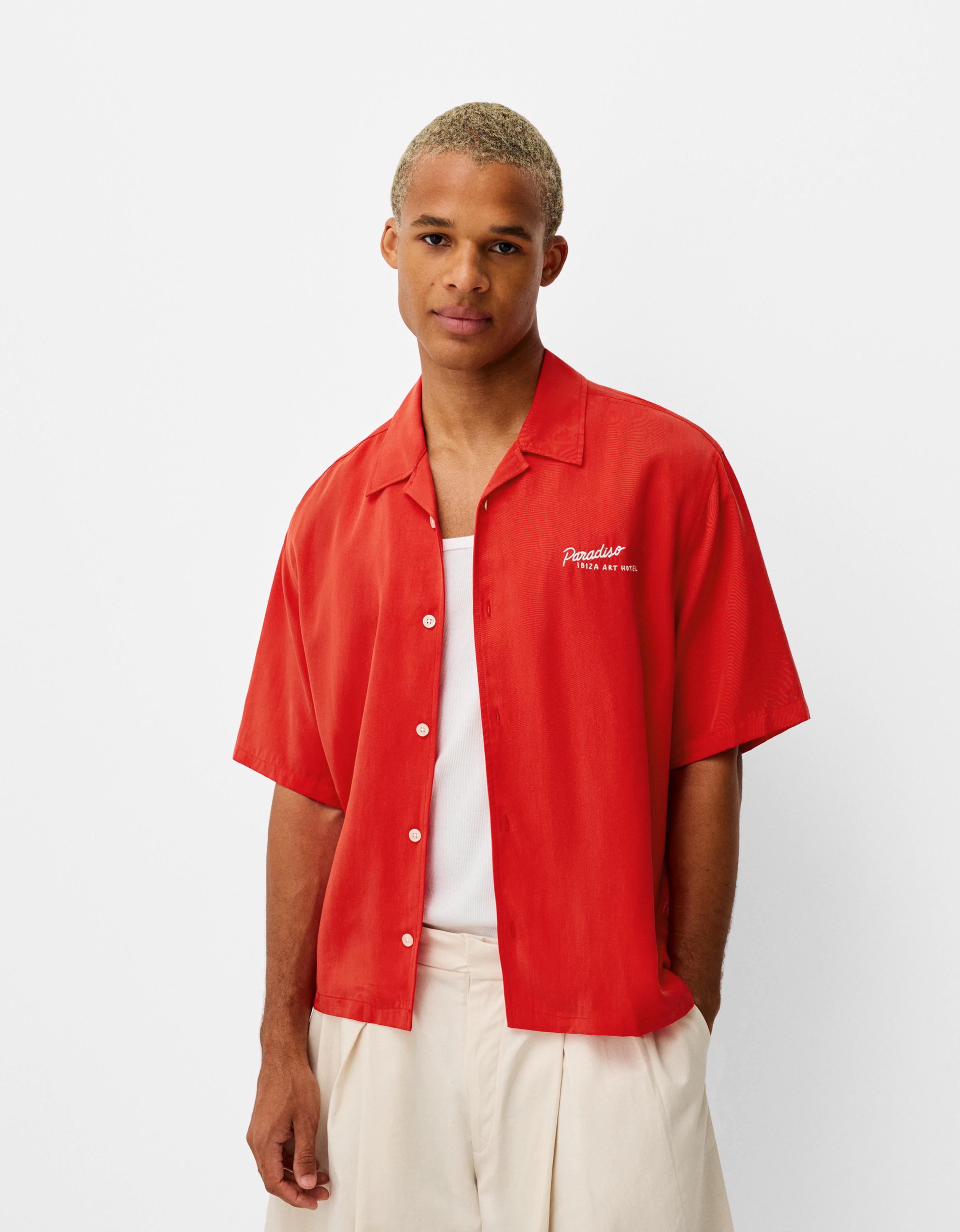 Bershka Hemd Bershka X Paradiso Mit Kurzen Ärmeln Und Stickerei Herren Xl Rot