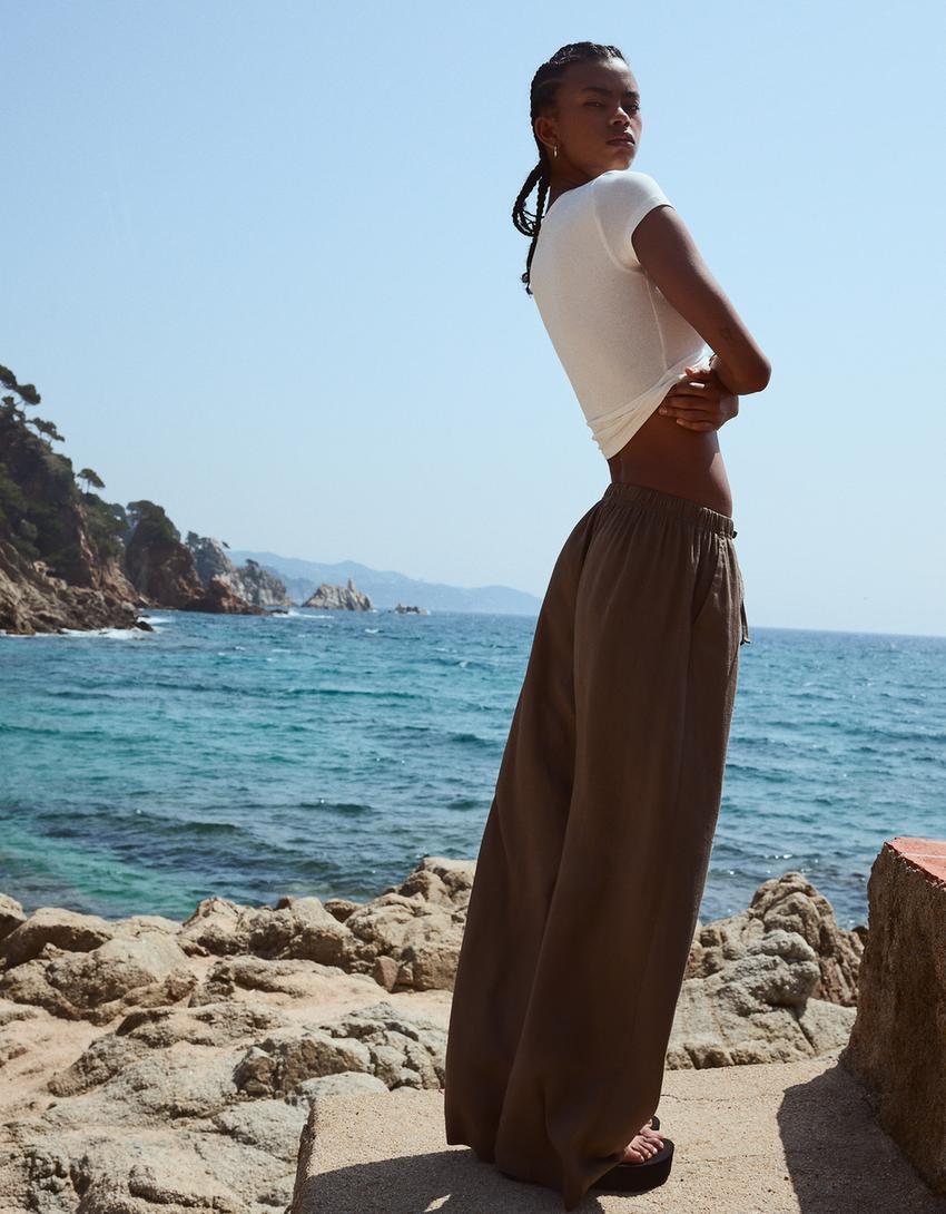 Pantalon lin taille élastique-Sable-2
