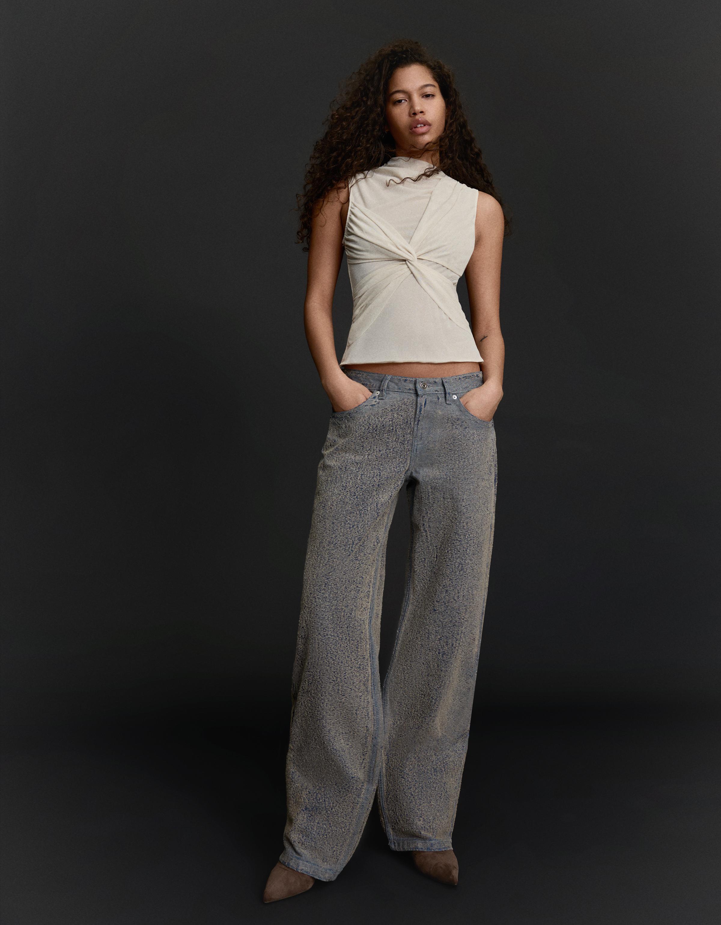 Dokulu düşük bel straight fit jean - Görsel 16