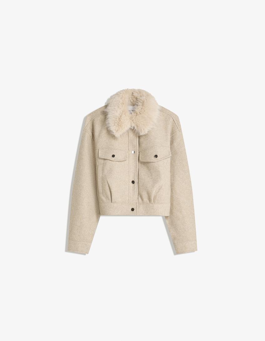 Cazadora soft trucker cuello pelo-Camel