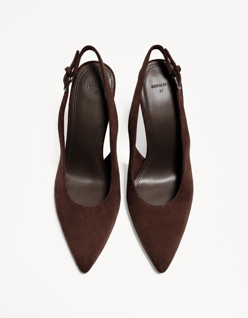 Kitten heel slingback shoes-Brown-3