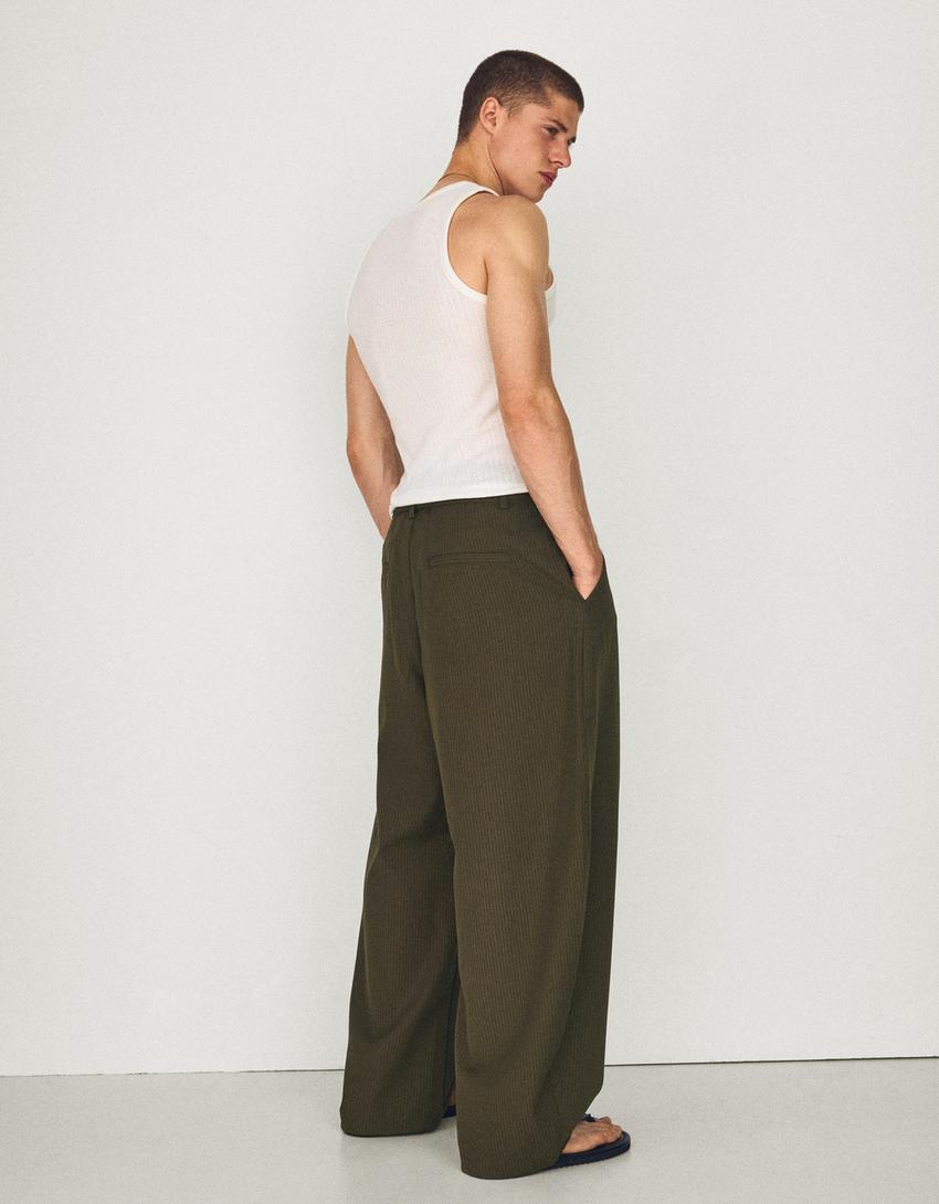 Pantalon barrel à pinces avec ceinture-Kaki