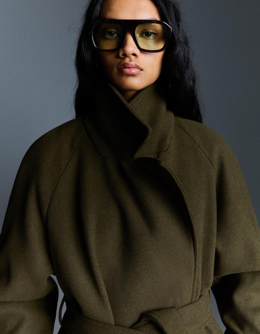 Cappotto in lana oversize con cintura-Kaki