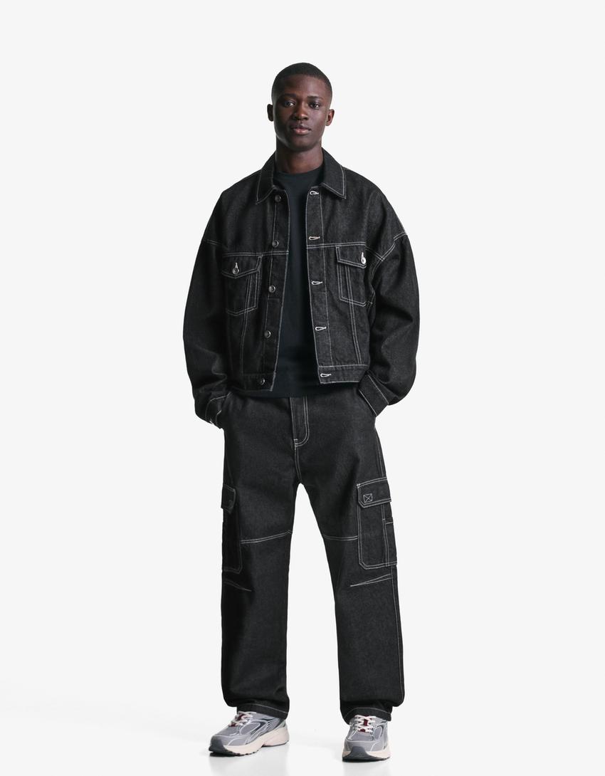 Jeans baggy fit cargo-Preto