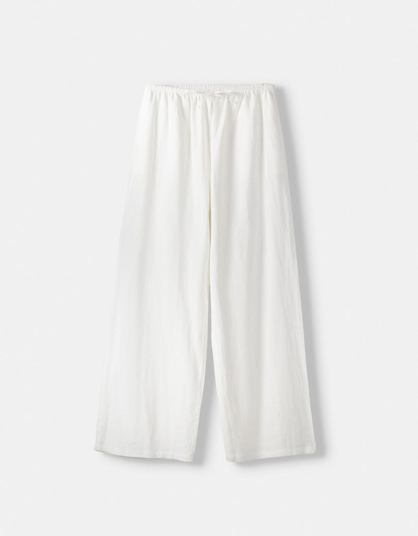 Pantalon straight lin mélangé taille élastique-Blanc cassé-4