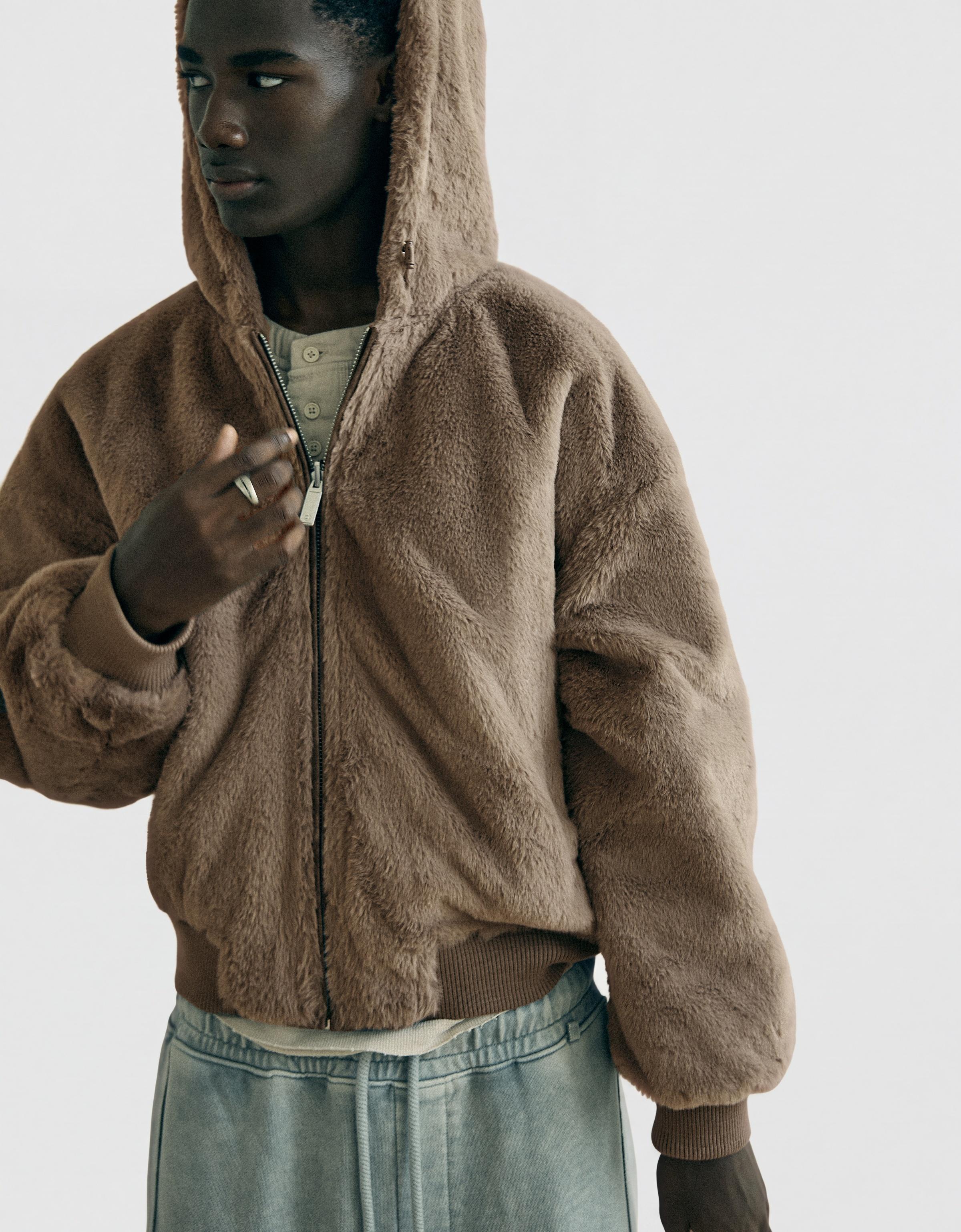 Reversible faux fur hooded jacket — Brown