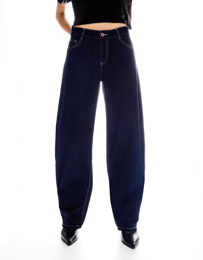 Vrećaste traperice barrel kroja niskog struka-Mornarska plava