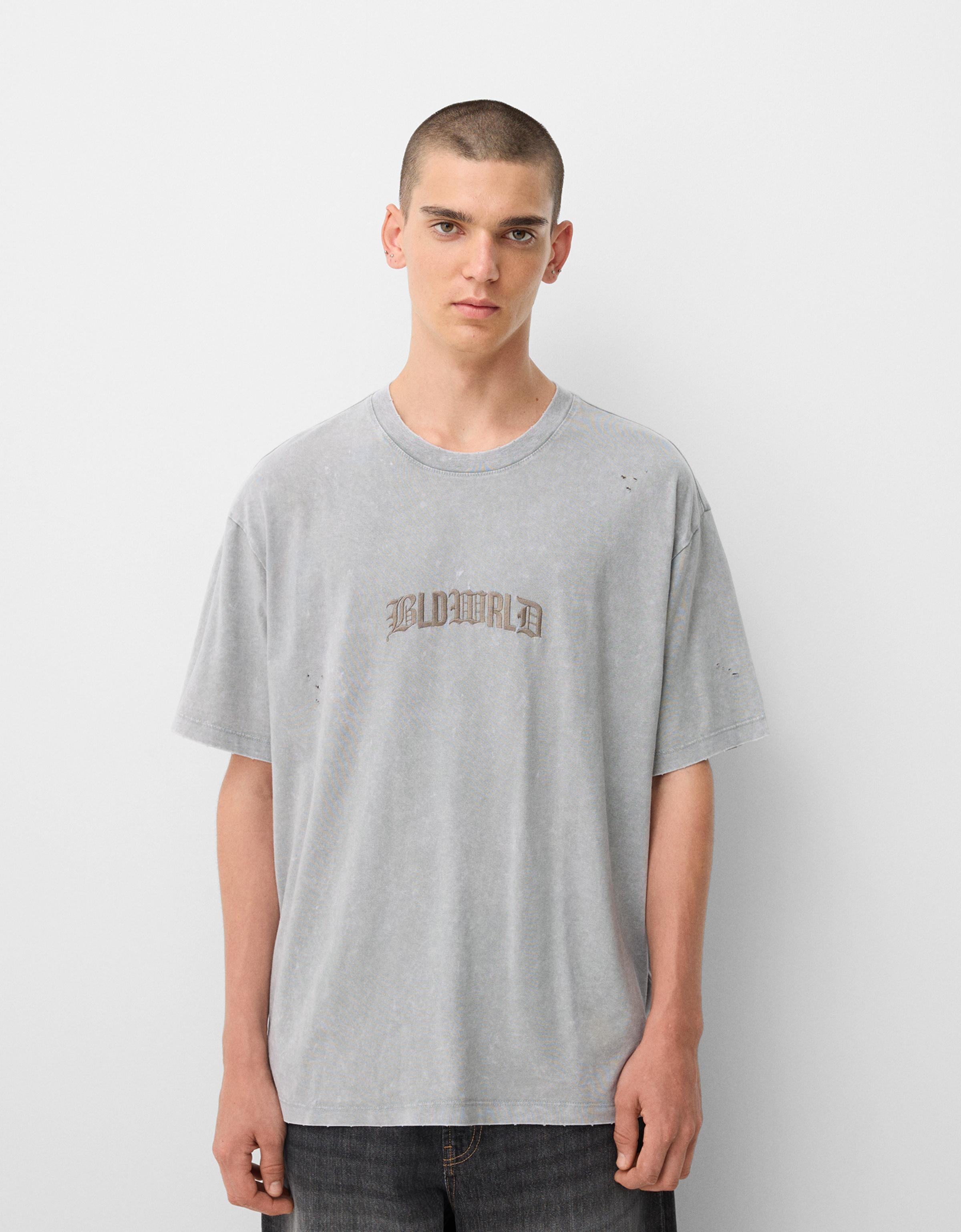 Bershka Kurzarm-T-Shirt Im Relaxed-Fit Mit Stickerei Herren M Grau