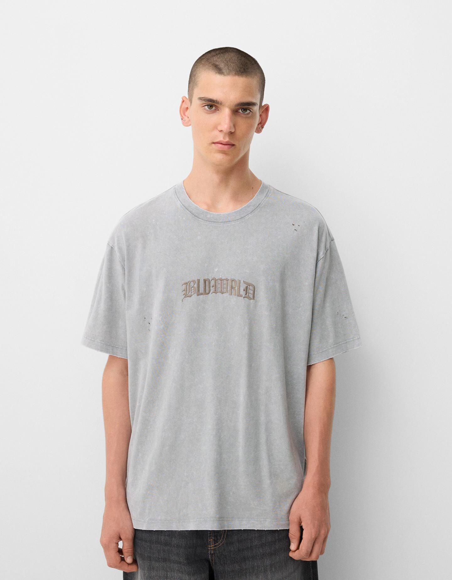 Bershka Camiseta Manga Corta Relax Fit Bordado Hombre S Gris