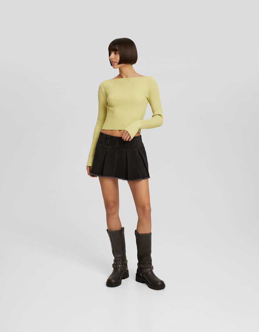 Ribbed boat neck sweater-Green-3