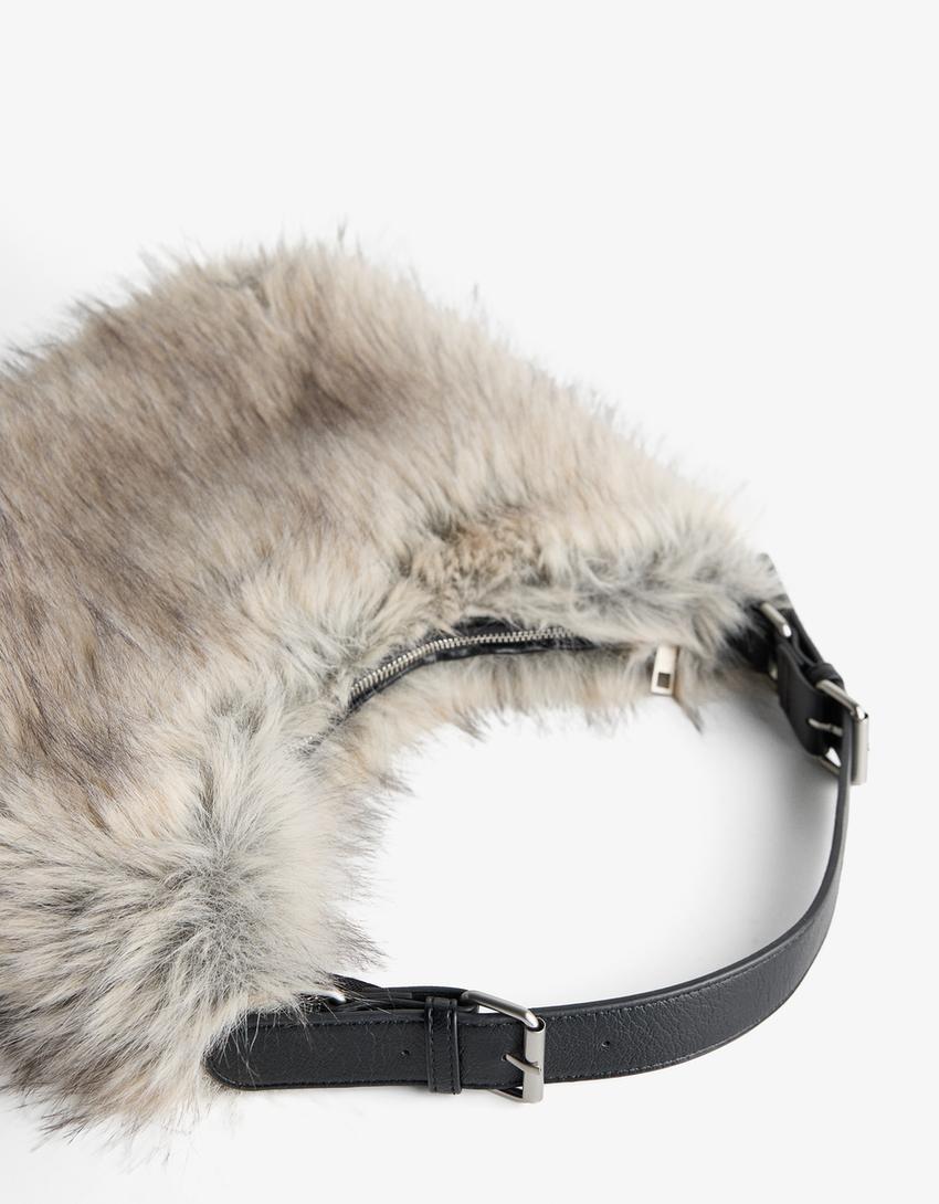 Faux fur shoulder bag-Grey