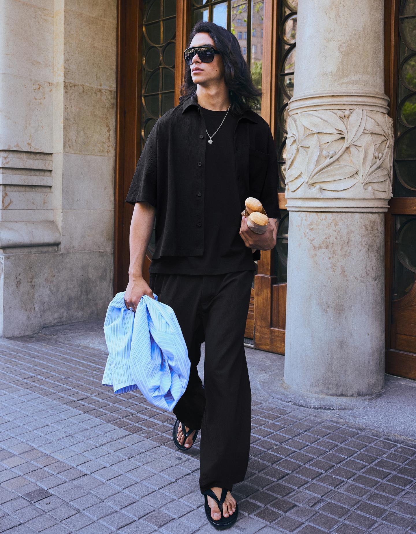 Bershka Pantalón Super Baggy Semijogger Plisado Hombre Negro