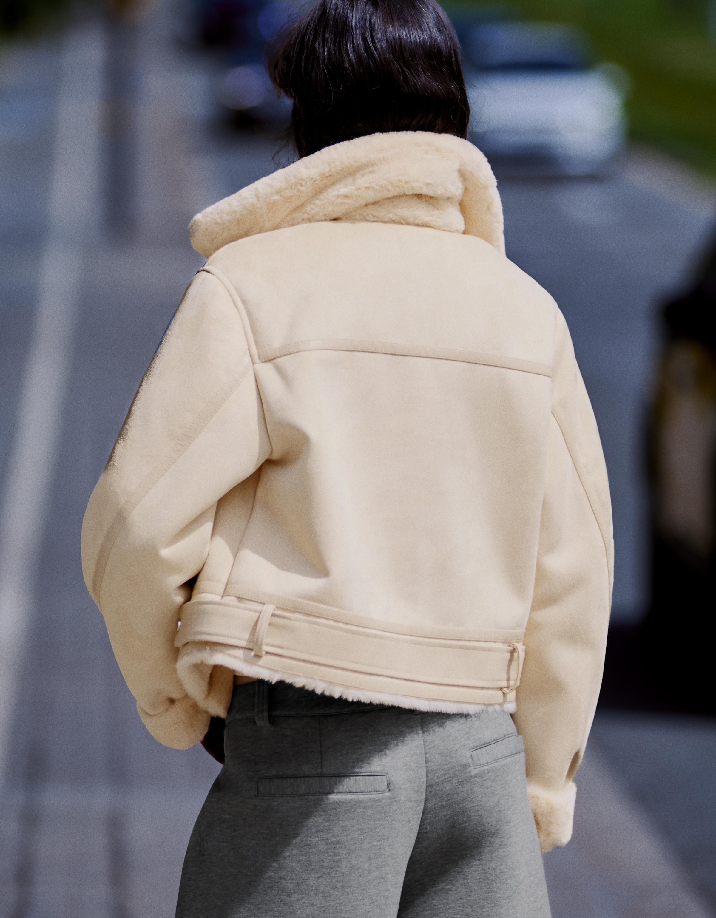 Cropped double-faced biker jacket — Cream