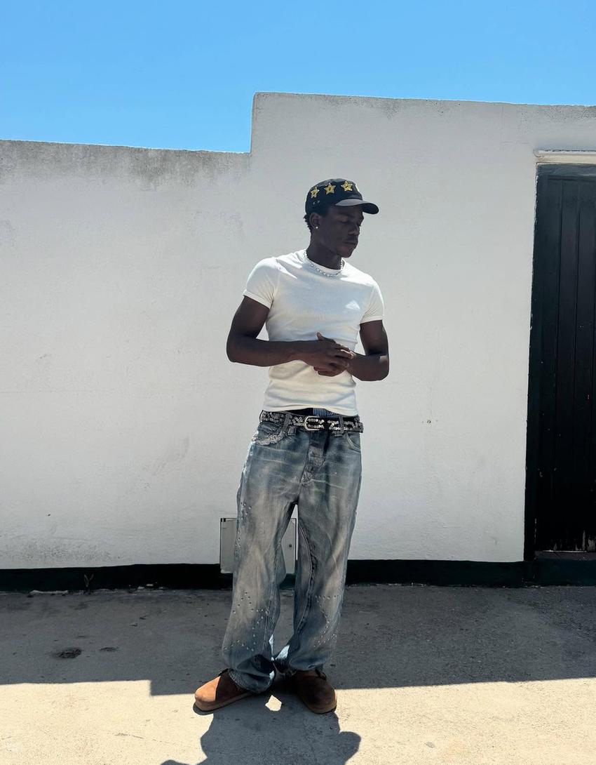 Baskılı baggy fit jean-Açık mavi