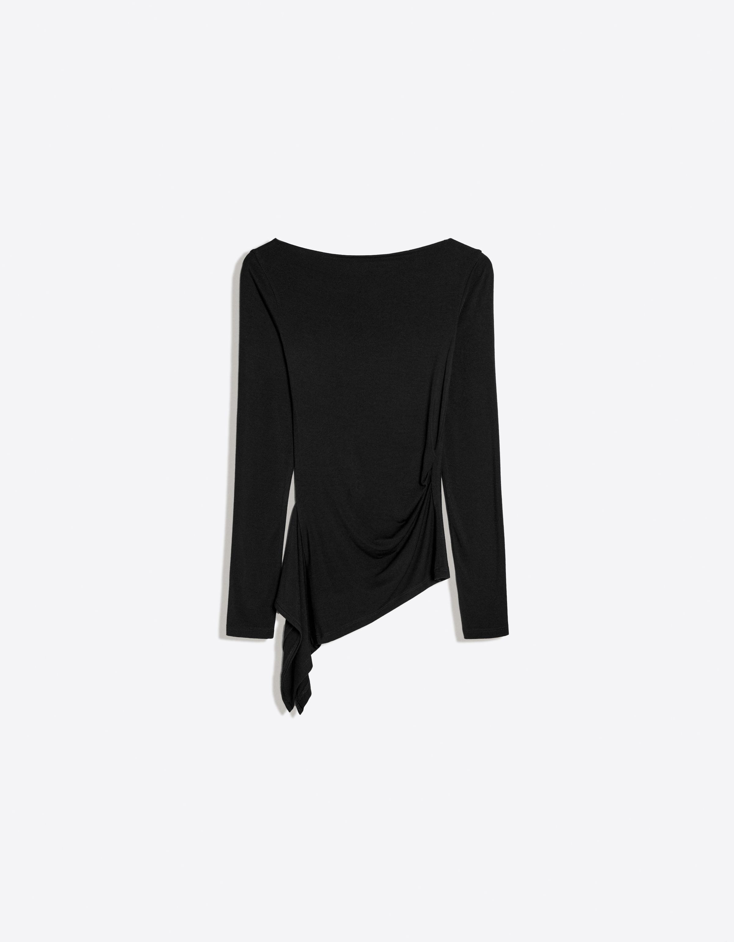 Long sleeve asymmetric gathered T-shirt — Black