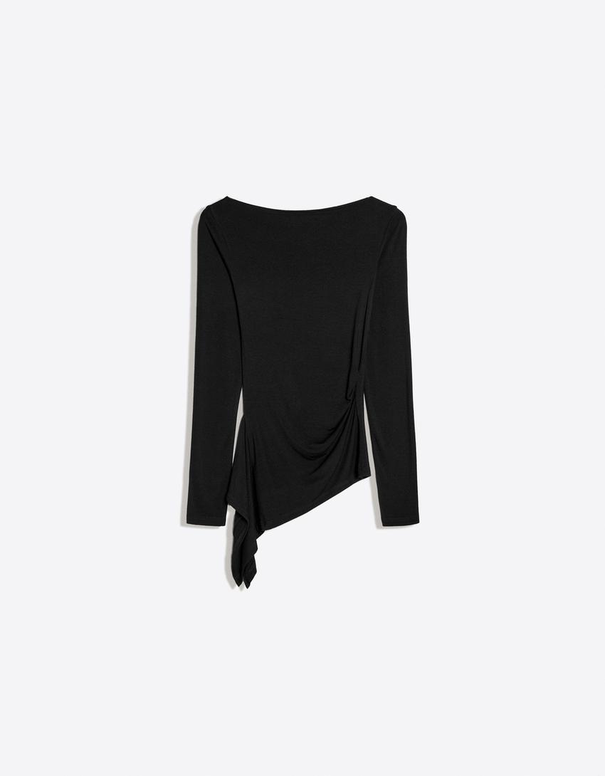Asymmetrisches Langarmshirt mit Raffung-Schwarz