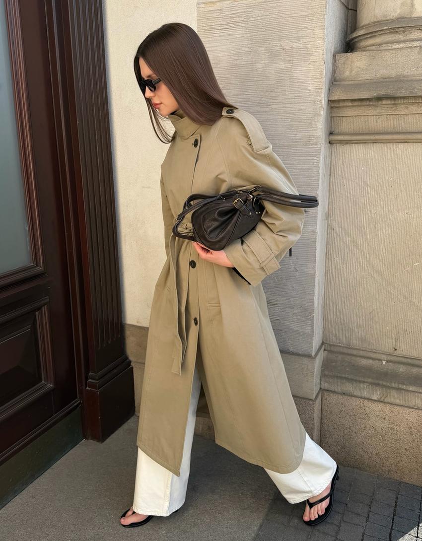 Long trench coat with belt-Sand