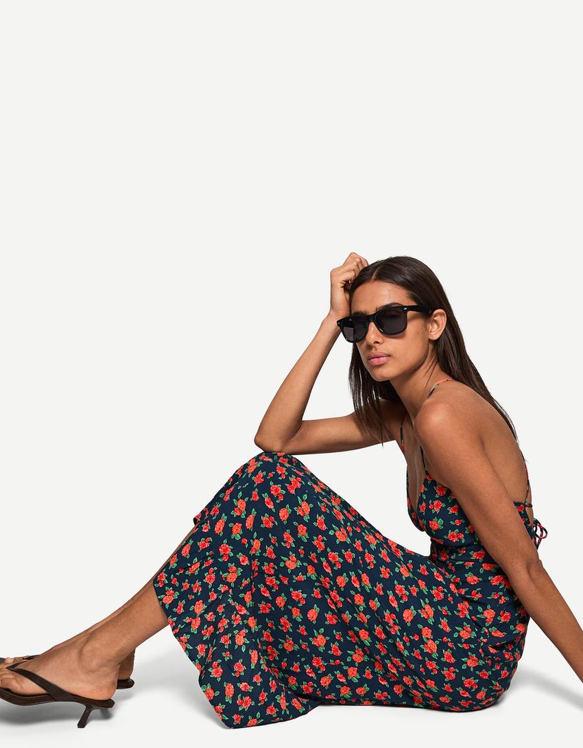 Printed strappy midi dress-Blue-2