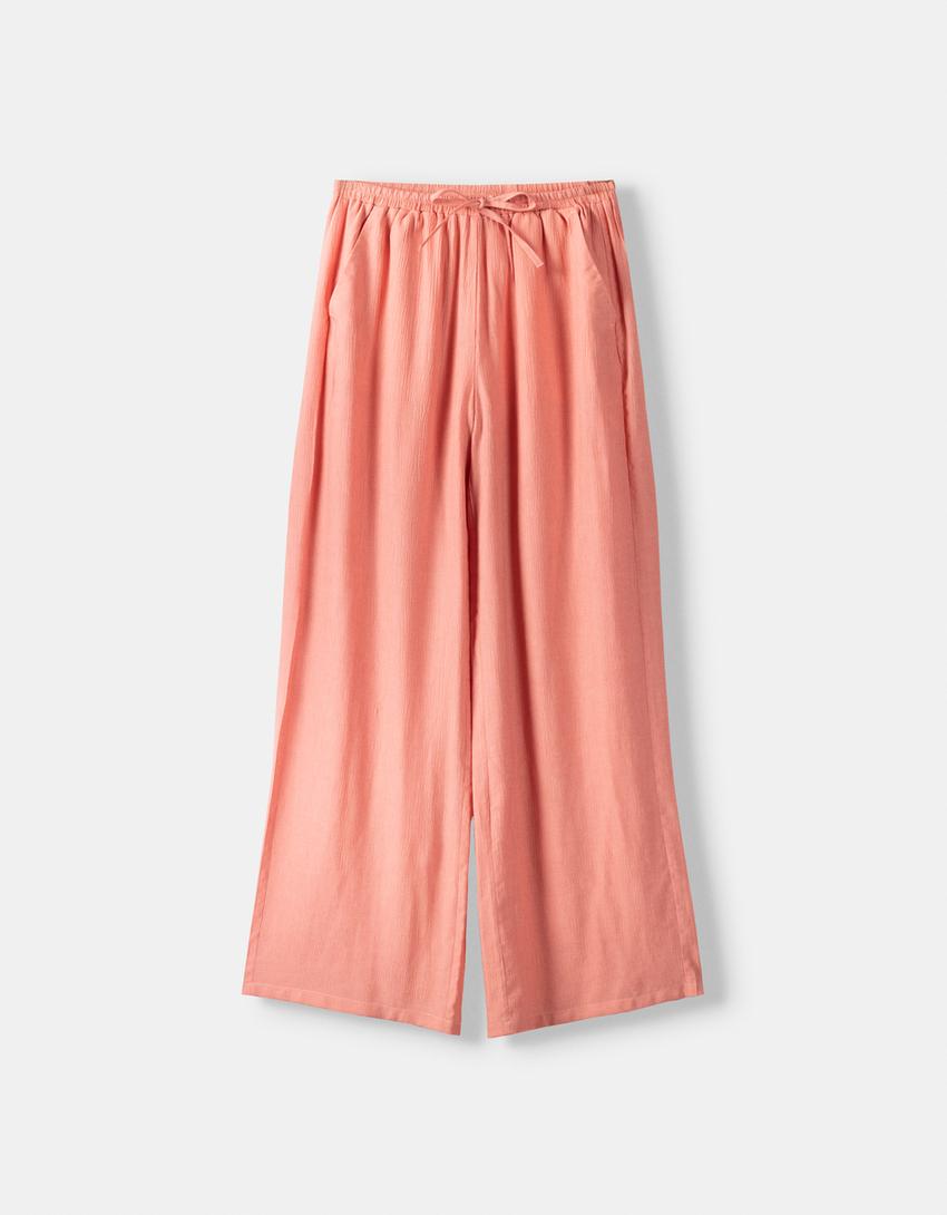 Elastik belli krepe pantolon-Pembe-4
