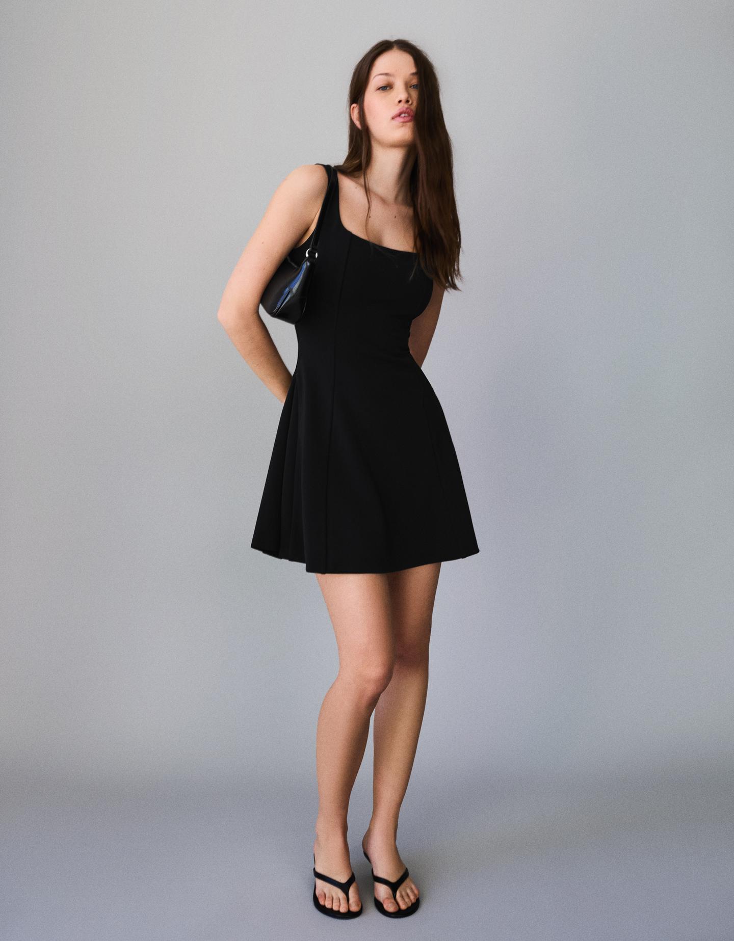 Bershka Vestido Falda Vuelo Mujer Negro