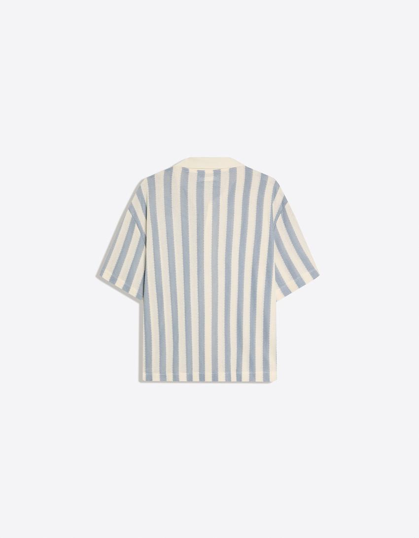 Short sleeve stripe patch shirt-Light blue