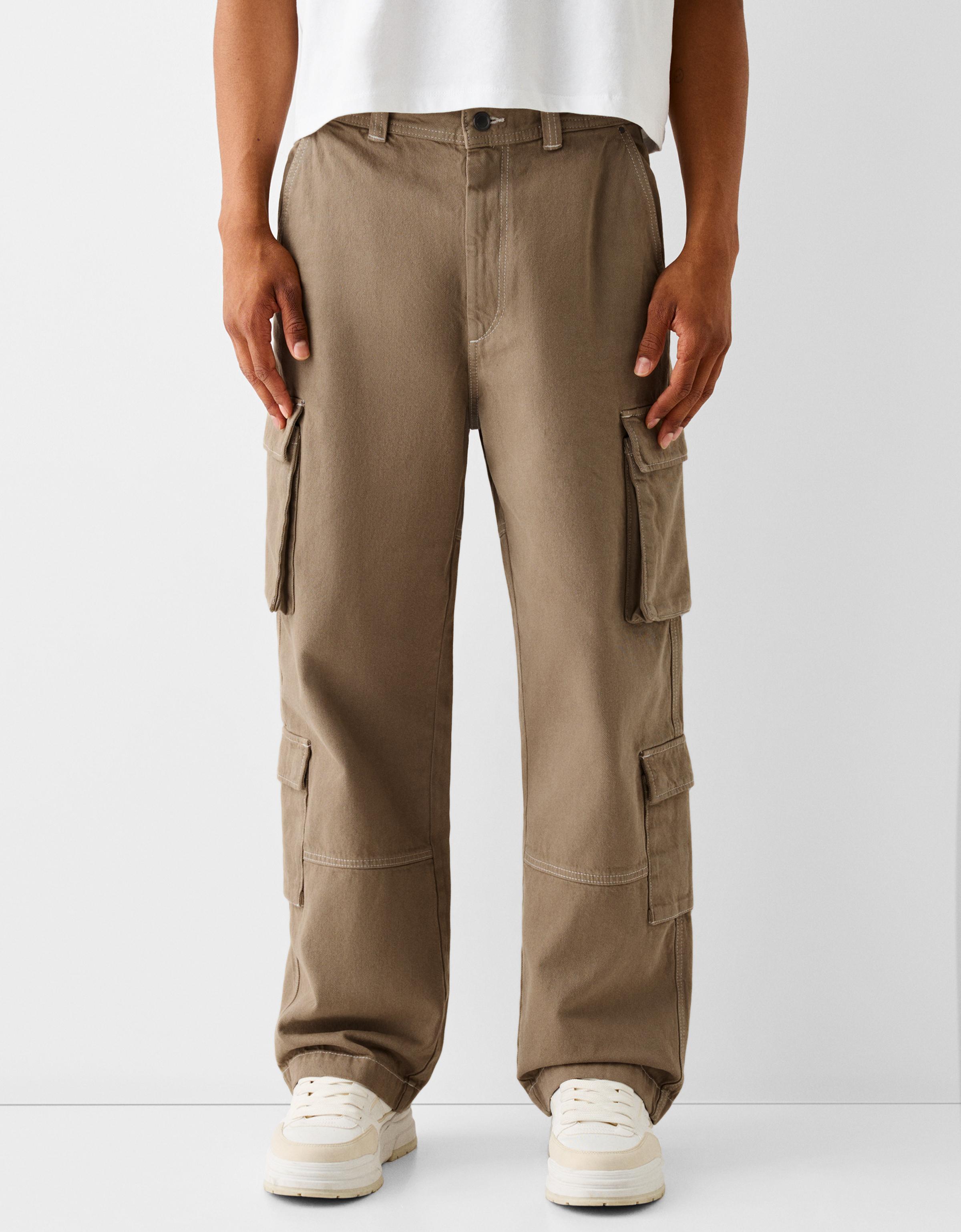 Pantalon cargo algodon costuras contraste Hombre Bershka