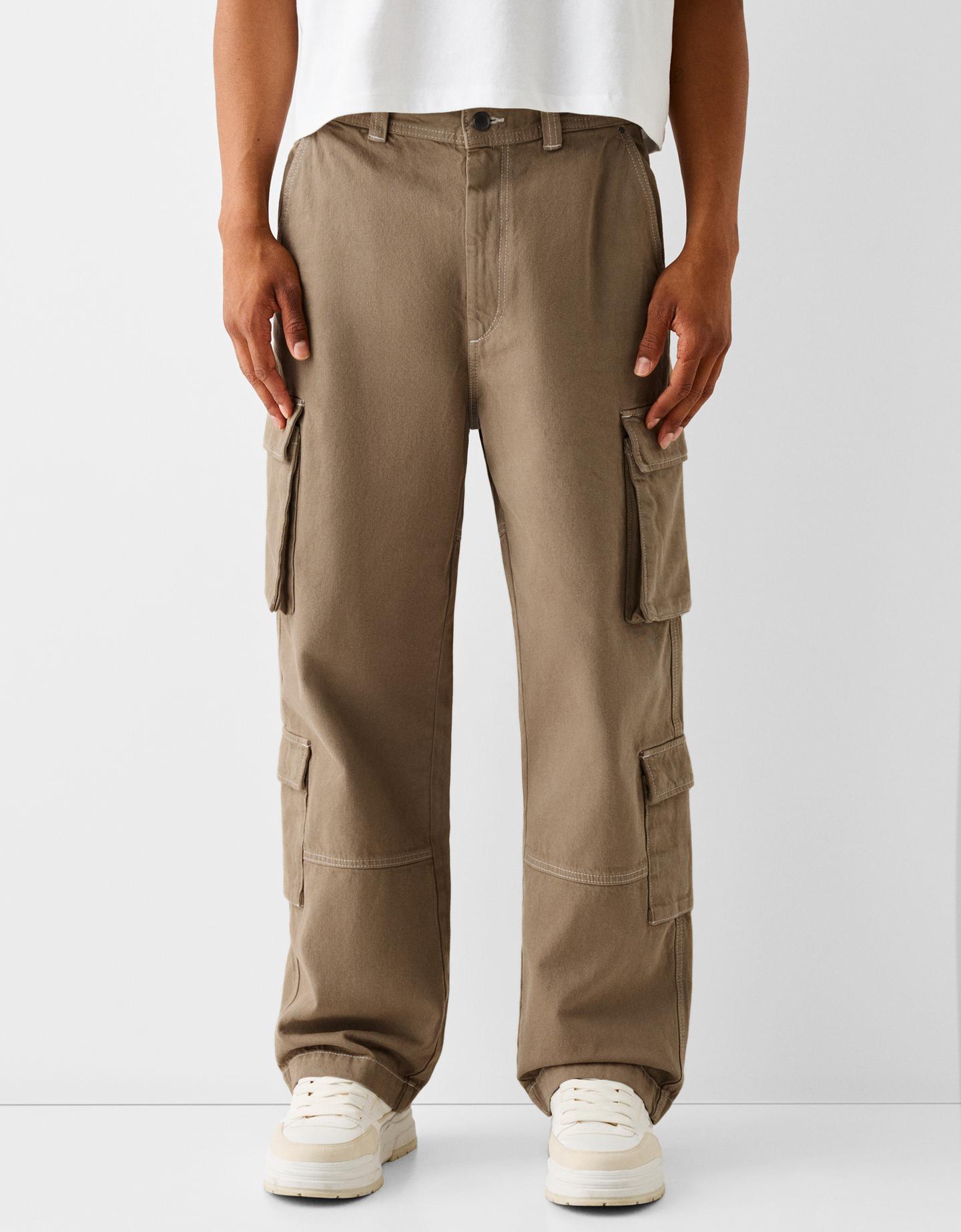 Bershka Pantaloni Cargo In Cotone Con Cuciture A Contrasto Uomo 52 (Eu 46) Camel