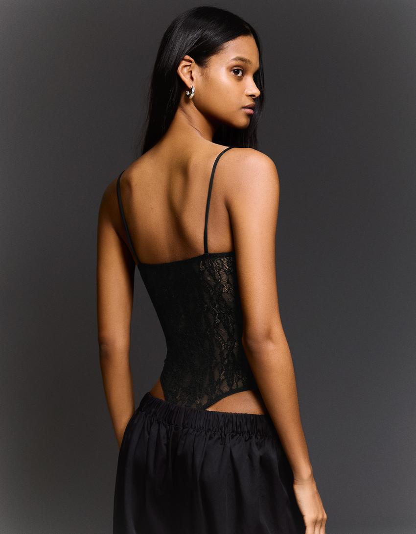 Lace strap bodysuit-Black