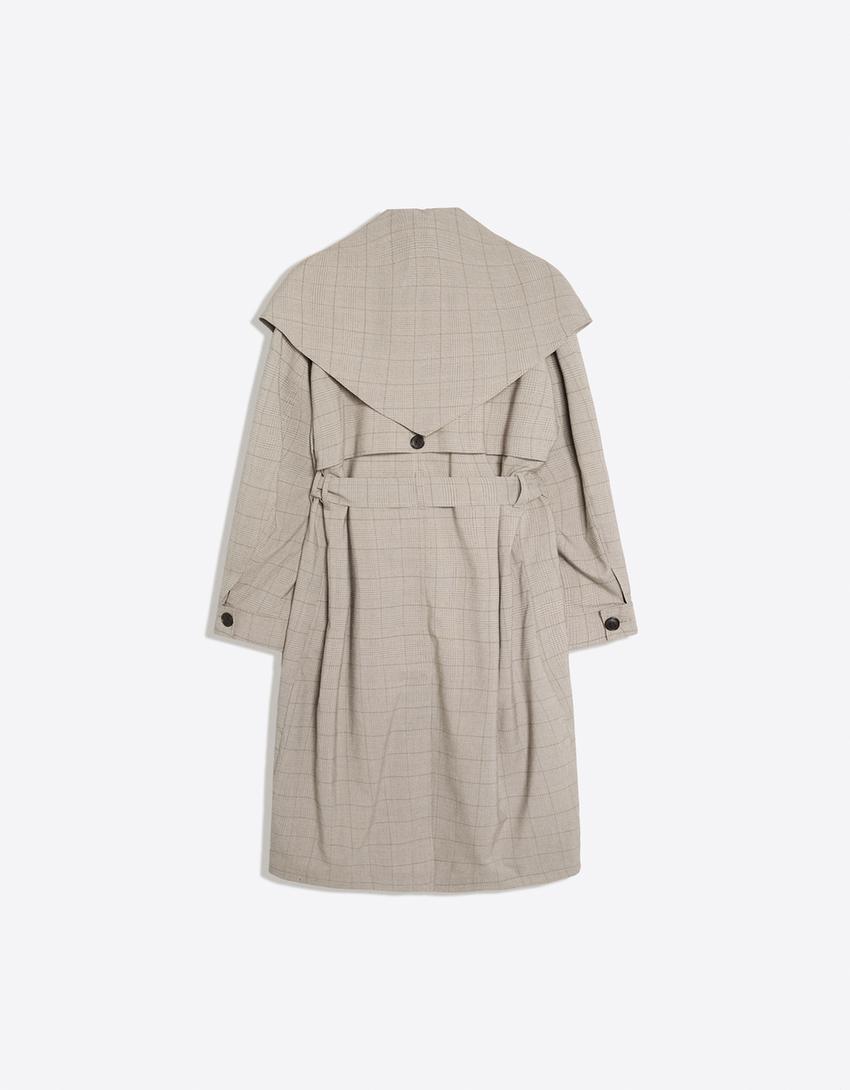 Long check scarf trench coat-Dark grey