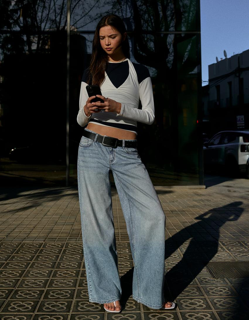 Jeans wide leg tiro bajo-Azul lavado